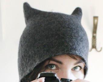 Grey Beetle and Animal Horns Hat: Handcrafted Millinery Ears Hat in Felted Wool, Perfect Boyfriend Gift for Festivals and Furry Fun