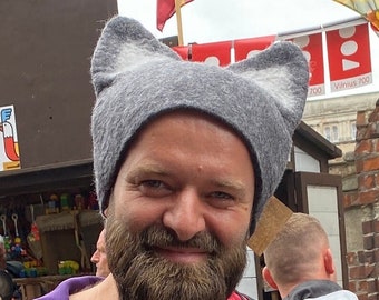 Felt Hat with Ears, Whimsical Festival, Cute Sauna Hat, Handmade Wool, Unisex Animal Cosplay, Fun Gift for Man, Women, Friend, Furry Partie
