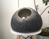 Cat Nap Wool Cocoon, Pet Cave, Bed, House, Cat Furniture Round Sphere, Hand Felted Wool, Sustainable Contemporary Modern Design, Dark Grey