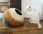 Mustard Grey Wool Cat Cocoon Cave, Pet Bed, House, Vessel, Furniture, Hideaway Hand Felt Wool Crisp Contemporary Modern Design