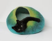 Cat Cave Bed, Felt Pet House, Furniture, Cocoon, Hideaway Hand Felted Wool, Teal Green Ombre Bubble Crisp Contemporary Modern Minimal Design