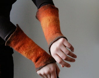 Recycled Eco Fashion Upcycled Winter Fall Spring Orange Arm Warmers Cream Lace Accents