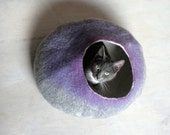 Cat Cave Bed, House Vessel Bowl Bedding Furniture Cocoon - Hand Felted Wool Gray to Purple Bubble - Crisp Contemporary Modern Minimal Design