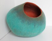 Cat Bed Cat Cocoon Cat Cave House Felt Pet Furniture, Hand Felted Wool - Teal Orange Bubble - Crisp Contemporary Modern Minimal Design