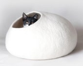 White Felt Cat Bed, High Quality Felt Cat Cave, Dog Cocoon House, Pet Furniture - Hand Felt Wool, Felted Wool Bubble - Minimal Modern Design