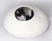 Modern Cat Furniture Felt Cat Bed Cat Cave Kitty House Pet Hideaway - Hand Felted Wool - White Stone - Crisp Minimalistic Design