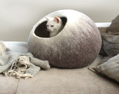 Cat Nap Cocoon Pet Cave Kitty Bed Dog House Felt Vessel - Hand Felted Wool - Crisp Modern Design - Beige Ombre Cat Bubble
