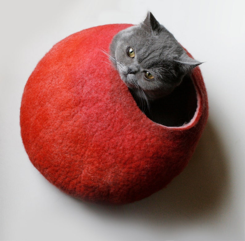 Wool Cat Cocoon Cave, High Quality Felt Kitty Sleep Bed, Pet House Nest, Hideaway, Furniture, Crisp Modern Minimalist Design / Red Bubble image 6