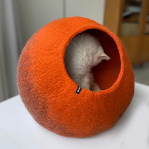 Handcrafted Artisan Wool Cat Cave Bed Luxury Pet Cocoon in Rusty Orange for Modern Home Decor image 8
