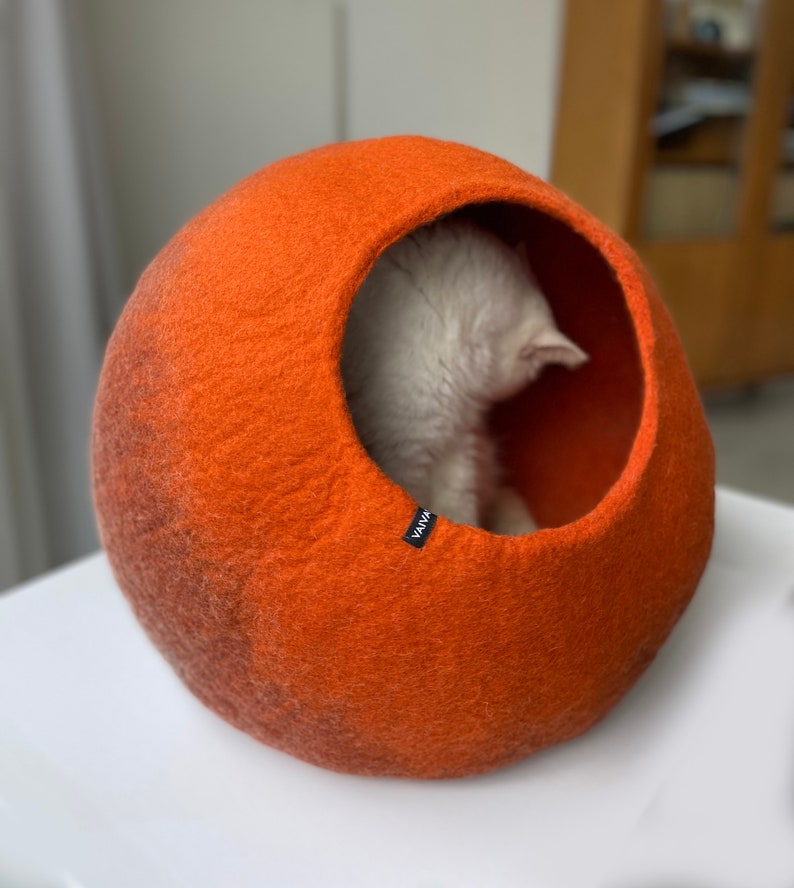 Handcrafted Artisan Wool Cat Cave Bed Luxury Pet Cocoon in Rusty Orange for Modern Home Decor image 8