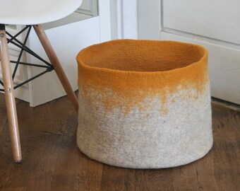 Wool Storage Basket, Toy Nursery Baby Bucket Bin, Wardrobe Laundry Hamper, Hand felted / Ombre Mustard Yellow Tan Nordic Decor, Minimal Art