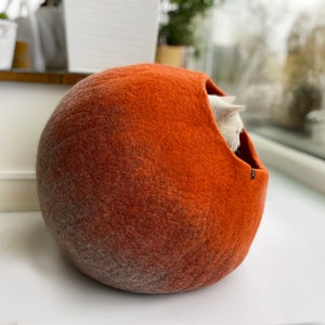 Handcrafted Artisan Wool Cat Cave Bed Luxury Pet Cocoon in Rusty Orange for Modern Home Decor image 2