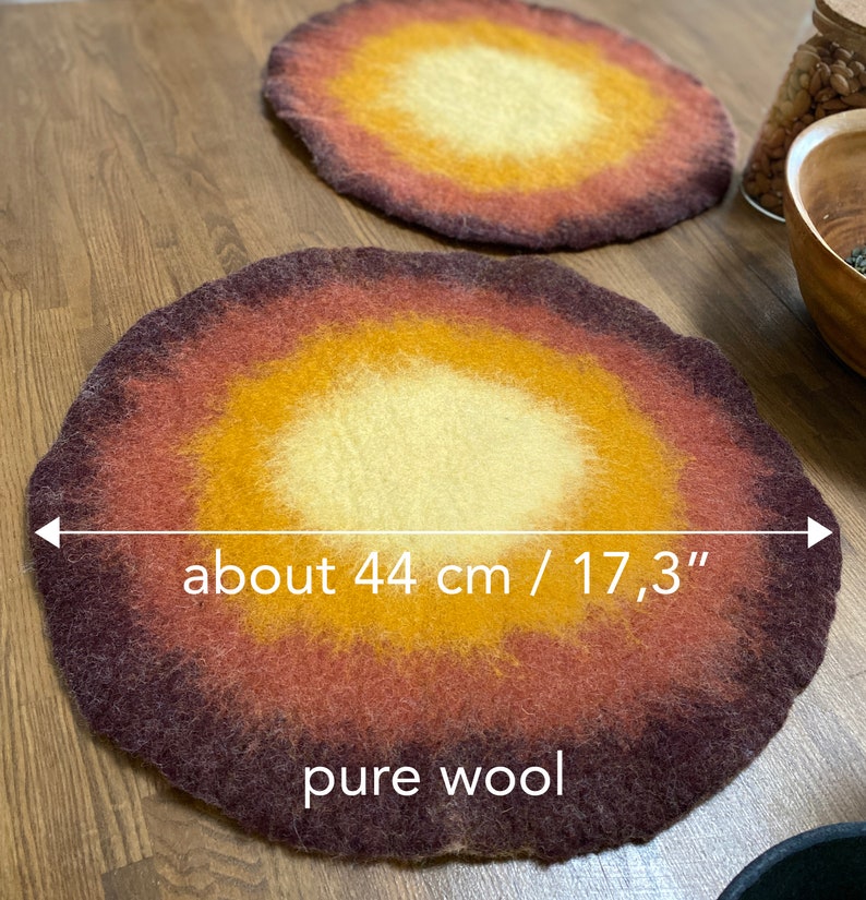 Handmade Wool Round Felt Placemats in Warm Maroon Yellow Felted Wool Table Protector, Coaster, Hot Pad Eco-Friendly natural Charger Mats image 4