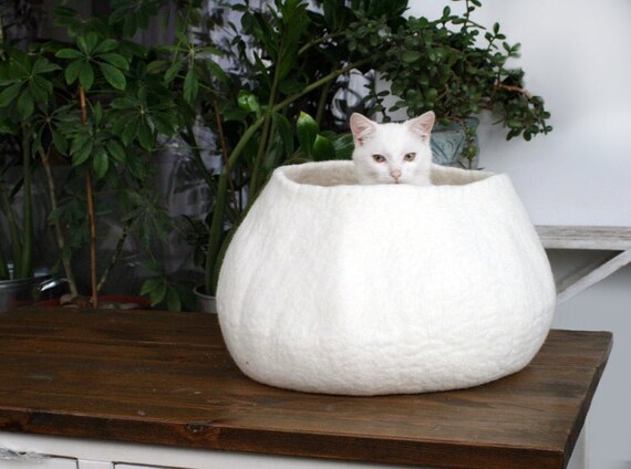 Modern Minimalist Design Felt Cat Cave. White Hand Felted Wool Cat