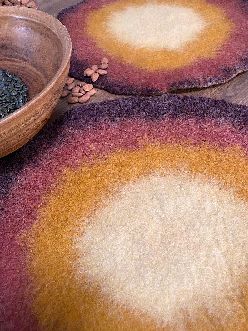 Handmade Wool Round Felt Placemats in Warm Maroon Yellow Felted Wool Table Protector, Coaster, Hot Pad Eco-Friendly natural Charger Mats image 3