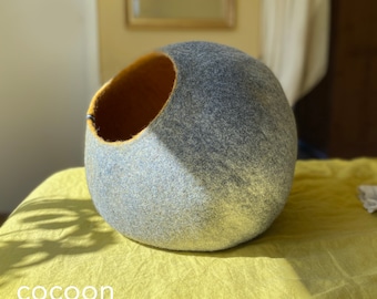 Fiber Art Designer Wool Vessel, Pet Dog Cat Bed Cave House Cocoon, Hand Felted Wool, Grey Mustard Ombre  - Minimalist Modern Design