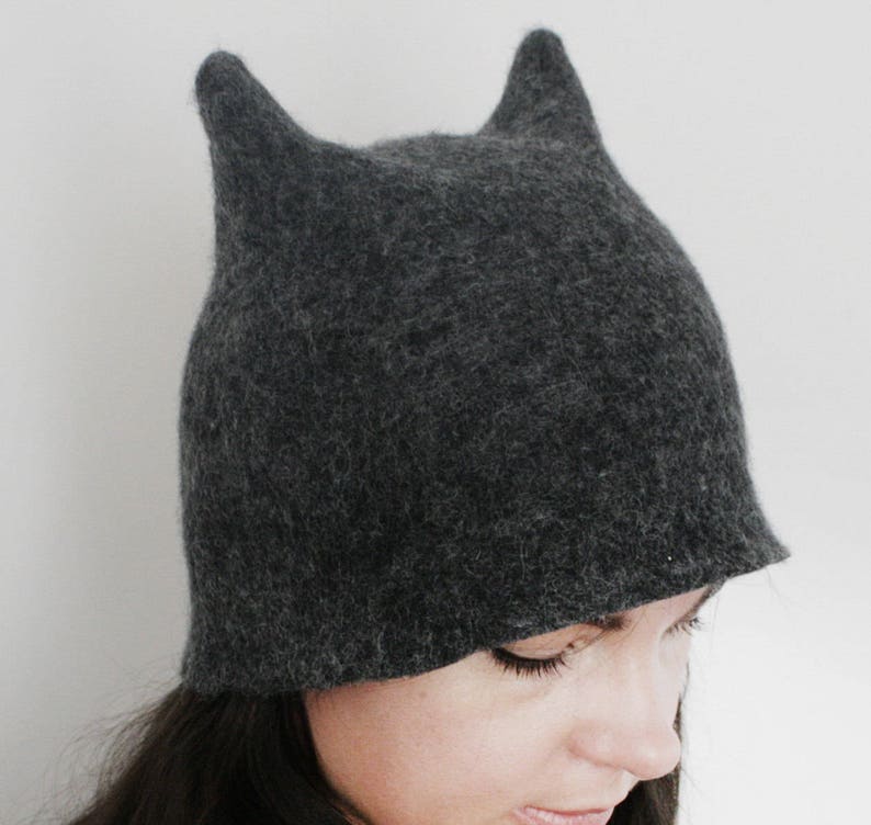 Gray Beetle Hat Ears HatMan Hat Animal Hat Horns hat Winter Hat Millinery Hat Hand Felted Wool All SizesAdultToddler Men Gift