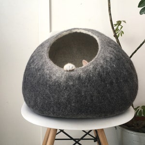 Cat Nap Wool Cocoon, Pet Cave, Bed, House, Cat Furniture Round Sphere, Hand Felted Wool, Contemporary Modern Design, Dark Grey