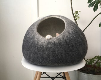 Cat Nap Wool Cocoon, Pet Cave, Bed, House, Cat Furniture Round Sphere, Hand Felted Wool, Contemporary Modern Design, Dark Grey