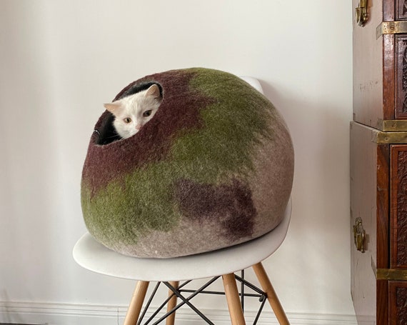 Felt Cat Cave Bed Cocoon: Pure Merino Wool, Modern Art Home Decor, Earthy Colours Design. Suitable for small dogs