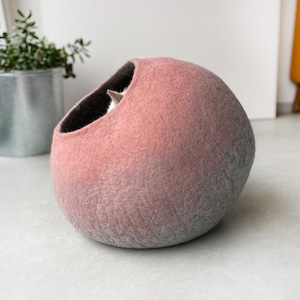 Handmade Wool Felt Pink Cat Igloo Cave Hideaway Bed House Furniture Nest Cocoon Artisan Crafted Modern Contemporary Design image 4