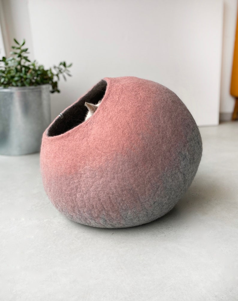 Handmade Wool Felt Pink Cat Igloo Cave Hideaway Bed House Furniture Nest Cocoon Artisan Crafted Modern Contemporary Design image 4