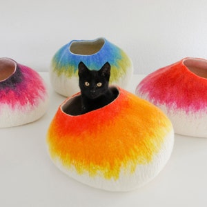 Cat Nap Cocoon / Cave / Bed / House / Vessel - Hand Felted Wool - Crisp Contemporary Design - READY TO SHIP Yellow Cat Bubble