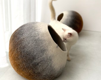 Pure Wool Felt Cat Bed Cave, Rusty Monochrome Ombre  - Handcrafted High Quality Pet Furniture. Minimal Modern Design