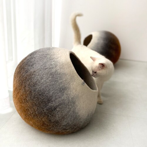 Pure Wool Felt Cat Bed Cave, Rusty Monochrome Ombre  - Handcrafted High Quality Pet Furniture. Minimal Modern Design