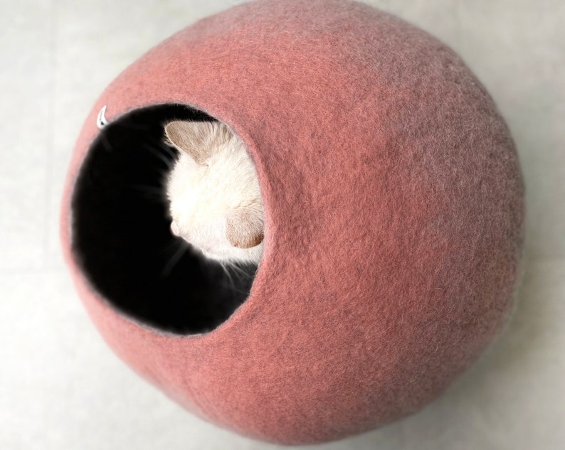 Handmade Wool Felt Pink Cat Igloo Cave Hideaway Bed House Furniture Nest Cocoon Artisan Crafted Modern Contemporary Design image 2