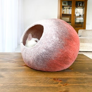 Cat Bed / Cat Cocoon / Cat Cave House / Felt Pet Furniture, Hand Felted Wool -  Spiced Coral Bubble - Crisp Modern Minimal Design