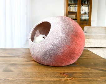 Cat Bed / Cat Cocoon / Cat Cave House / Felt Pet Furniture, Hand Felted Wool -  Spiced Coral Bubble - Crisp Modern Minimal Design