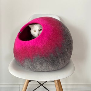 Cat Cave Bed, Wool Pet Furniture, Cat House, Small Dog Bed, Hand Felted Wool, Minimalist Modern Design, Grey Hot Pink Ombre