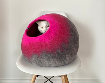 Cat Cave Bed, Wool Pet Furniture, Cat House, Small Dog Bed, Hand Felted Wool, Minimalist Modern Design, Grey Hot Pink Ombre