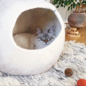 May include: A white felt cat bed shaped like a sphere with a cat sleeping inside. The cat is white and gray with its eyes closed.