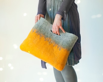 Wearable Art Tote Bag, Felt Carryall Handbag, Basket Storage Bag, Laptop Bag / Sturdy Hand Felted Wool design, Minimalist Ombre Yellow Grey