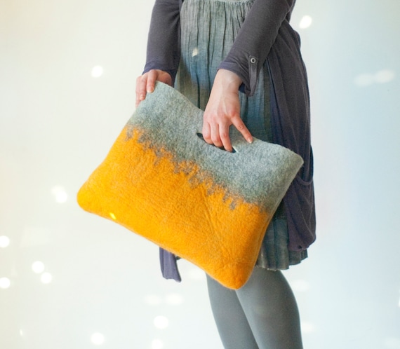 Wearable Art Tote Bag Felt Carryall Handbag Basket Storage Bag Laptop Bag Sturdy Hand Felted Wool Design Minimalist Ombre Yellow Grey Etsy