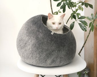 Modern Cat Bed Hideaway, Nap Cocoon, Felt Pet Cave Bed, House, Furniture, Hand Felted Wool, Contemporary Minimalistic Design Grey Ombre