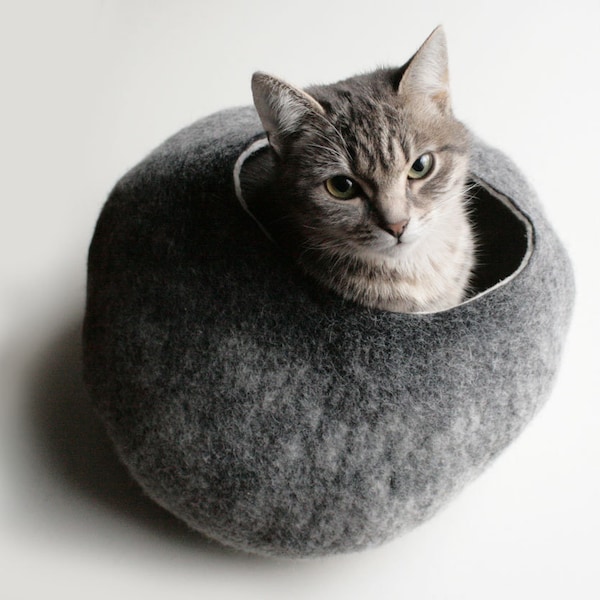 Warm Gray Stone - Hand Felted Wool Cat Bed / Vessel - Crisp Contemporary Design