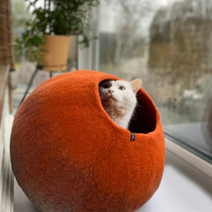 Op de afbeelding: Een witte kat met zwarte markeringen kijkt uit een rond, oranje wollen kattenbed. Het bed heeft een zwart label met het woord "ALVA" erop.