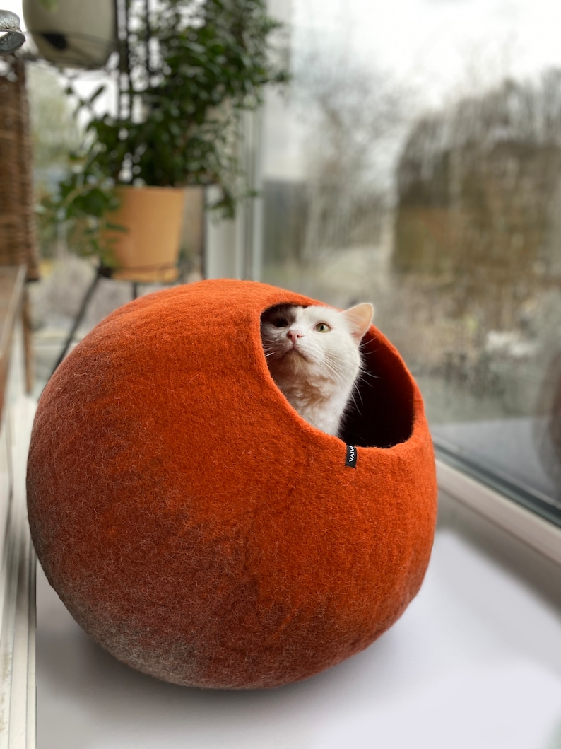Op de afbeelding: Een witte kat met zwarte markeringen kijkt uit een rond, oranje wollen kattenbed. Het bed heeft een zwart label met het woord "ALVA" erop.