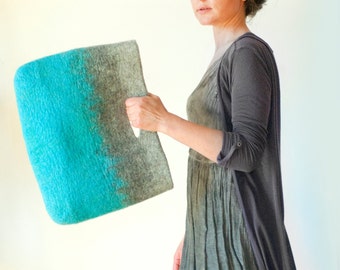 Felt Basket Bag, Carryall Tote, Everyday Art Bag, Wool Handbag for Shopping, Market / Hand felted wool / Turquoise Grey Sturdy Wearable Art