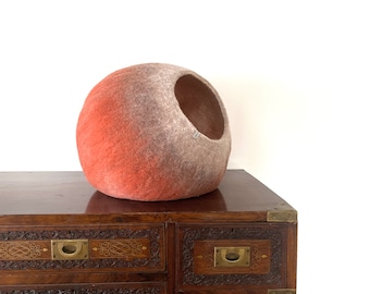 Cat Bed / Cat Cocoon / Cat Cave House / Felt Pet Furniture, Hand Felted Wool -  Spiced Coral Bubble - Crisp Modern Minimal Design