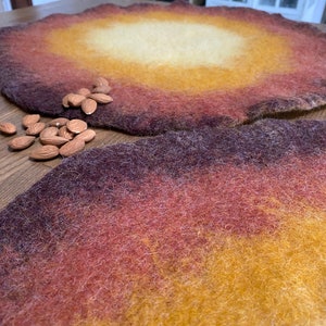 Handmade Wool Round Felt Placemats in Warm Maroon Yellow Felted Wool Table Protector, Coaster, Hot Pad Eco-Friendly natural Charger Mats image 5