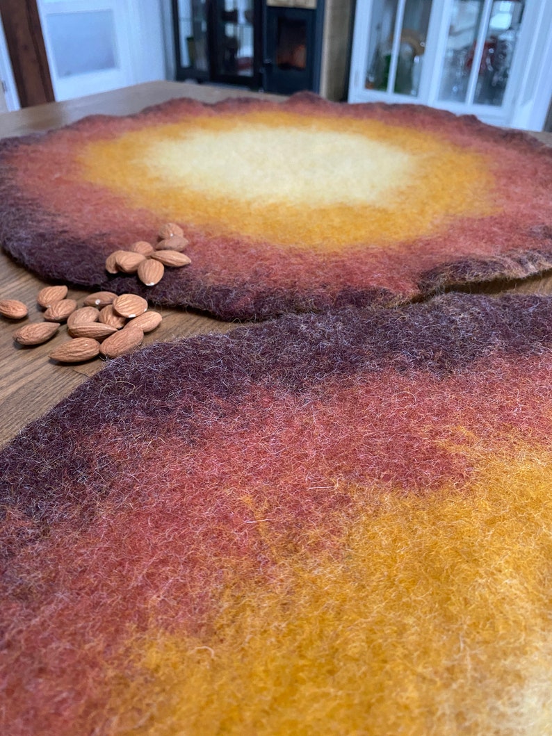 Handmade Wool Round Felt Placemats in Warm Maroon Yellow Felted Wool Table Protector, Coaster, Hot Pad Eco-Friendly natural Charger Mats image 5