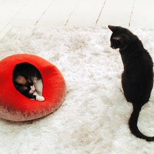 Wool Cat Cocoon Cave, High Quality Felt Kitty Sleep Bed, Pet House Nest, Hideaway, Furniture, Crisp Modern Minimalist Design / Red Bubble image 7