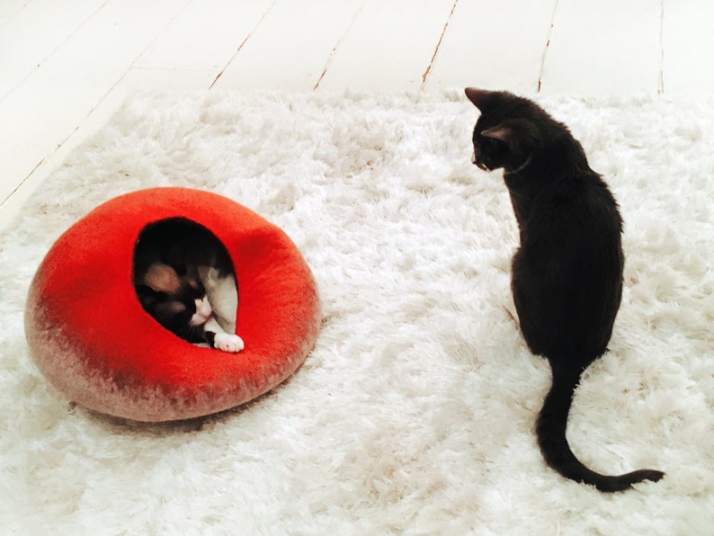 Wool Cat Cocoon Cave, High Quality Felt Kitty Sleep Bed, Pet House Nest, Hideaway, Furniture, Crisp Modern Minimalist Design / Red Bubble image 7