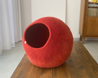Wool Cat Bed, Cat Cocoon, Pet Cave House, Felt Pet Furniture, Hand Felted Wool -  Red Bubble - Pure Wool Felt Modern Minimal Design