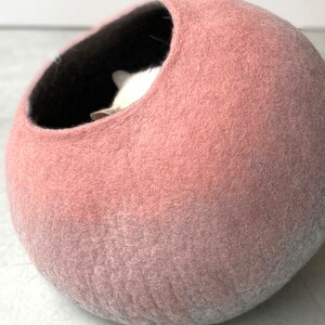 Handmade Wool Felt Pink Cat Igloo Cave Hideaway Bed House Furniture Nest Cocoon Artisan Crafted Modern Contemporary Design image 8