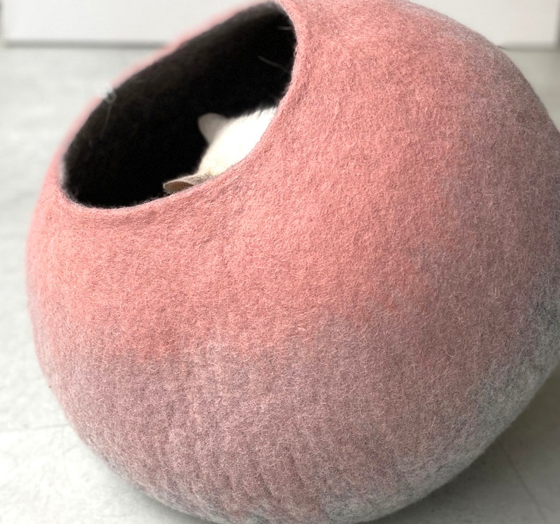 Handmade Wool Felt Pink Cat Igloo Cave Hideaway Bed House Furniture Nest Cocoon Artisan Crafted Modern Contemporary Design image 8